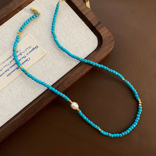 法式绿松石巴洛克珍珠吊坠项链气质小众设计感锁骨链甜酷颈链配饰
