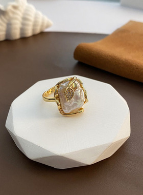 天然淡水珍珠方形欧美巴洛克戒指女式小众设计金色轻奢高级感指环