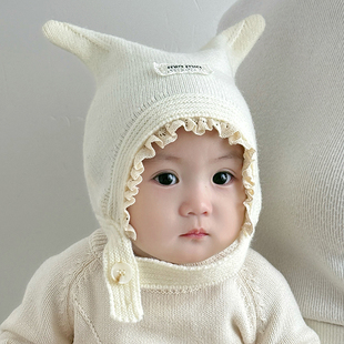 婴幼儿童双角护耳帽子秋冬季女童宝宝蕾丝花朵针织毛线帽男童保暖