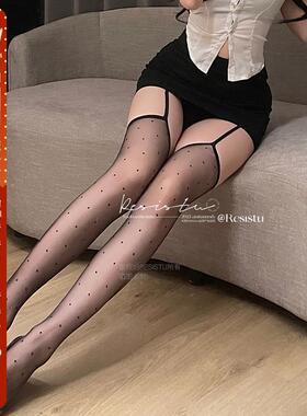 日本性感波点黑丝纯欲一体式吊带袜女显瘦薄款美腿中筒丝袜子
