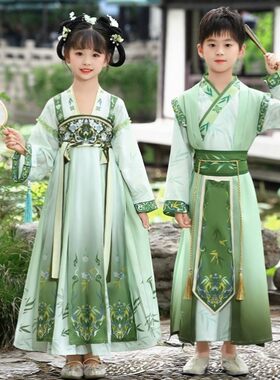 男童国风唐装女童新中式古风公主裙子汉服儿童演出服古装古代吟诵