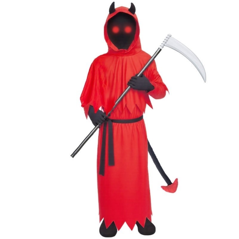 万圣节儿童服红色恐怖牛角死神撒旦恶魔cos发光眼镰刀活动舞会