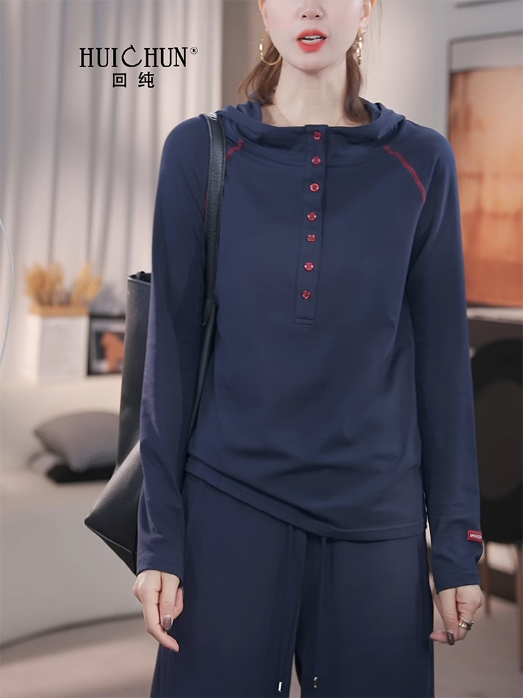 全新帽扣半开领长袖上衣胖毫米上等纯棉对比刺绣外运动衫