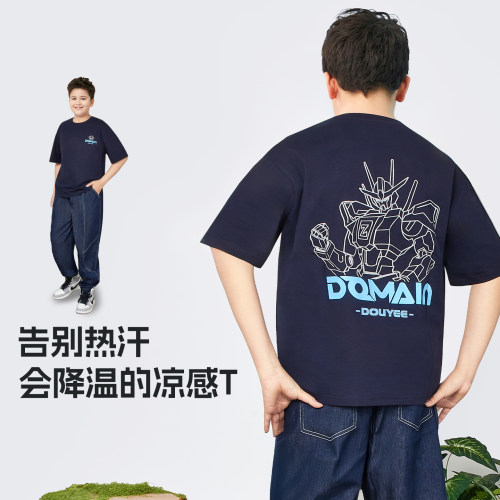 胖童中大童夏季索罗娜机甲短袖T恤男童藏蓝色休闲加肥加大上衣潮