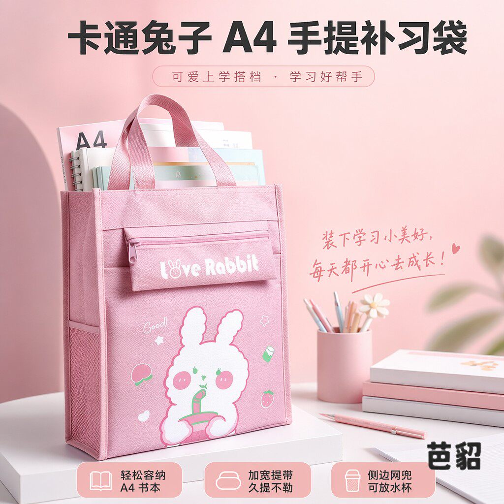 儿童美术班帆布补习袋手拎大容量防水手提包男女小学生卡通拎书袋手提补习袋A4牛津布多功能学生书包卡通兔子