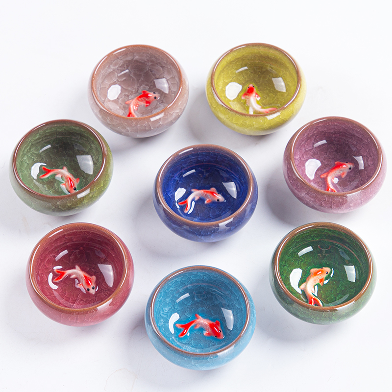 6个装小鱼茶具功夫茶具中有鱼釉冰裂圆茶杯家用单杯喝茶碗茶茗杯