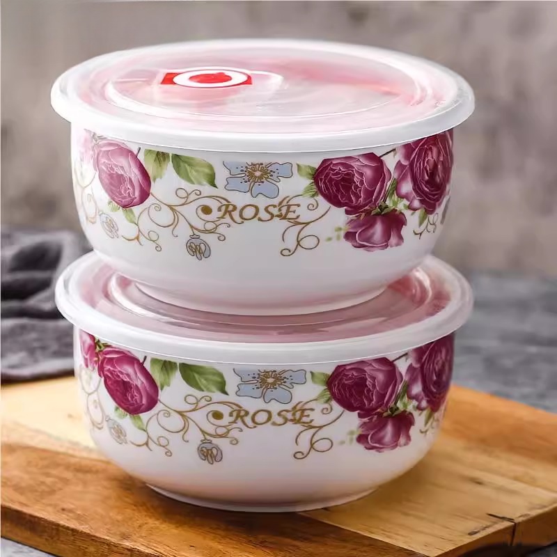 特大号骨瓷保鲜碗带盖饭盒泡面碗陶瓷碗家用微波炉储物罐密封碗2L