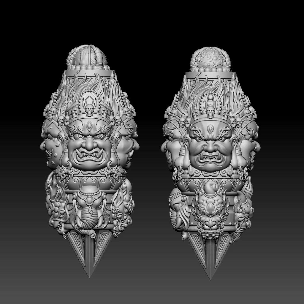 Stl金刚除魔降魔杵圆雕图四面黄财神核雕手把件stl文件3d打印模型