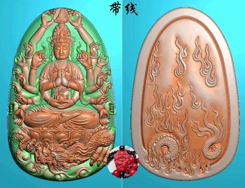 Jdp5千手观音精雕图观音挂件浮雕图玉雕图椭圆坐龙千手观音御龙图