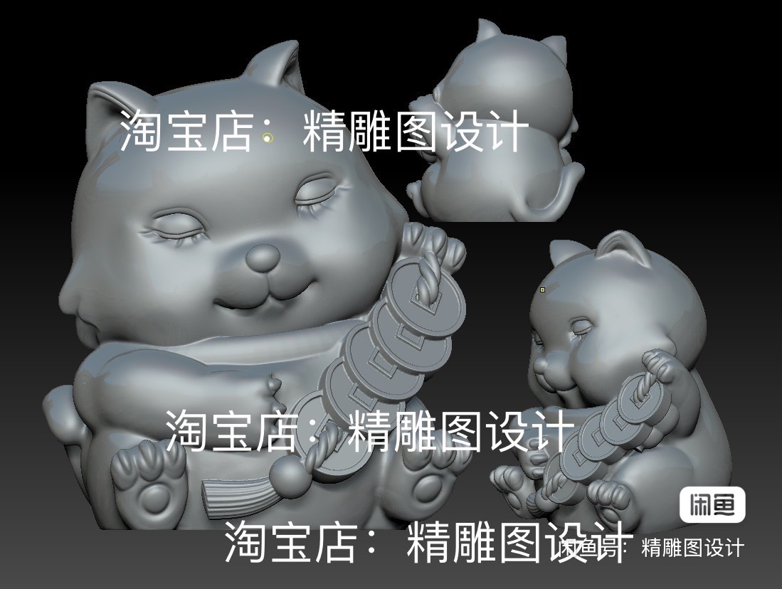 Stl独家新款8铜钱猫圆雕图发财猫咪精雕图葫芦招财猫仔浮雕图3D图