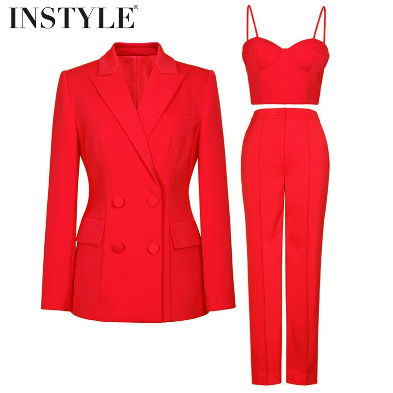 吊带胸衣西装长裤套装通勤三件套