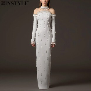 2026时尚晚宴风重工珍珠钉珠修身长裙晚礼服女明星同款闪亮礼服裙