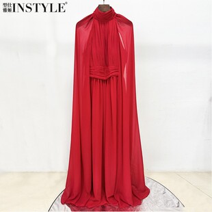 现货2026春夏欧美时尚红色飘逸雪纺百褶连衣裙坠地加长裙晚礼服女