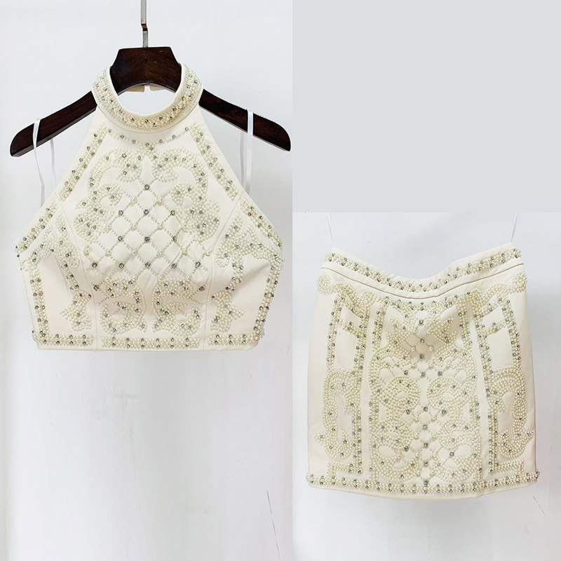 钉珠镶钻性感挂脖上衣超短半身裙