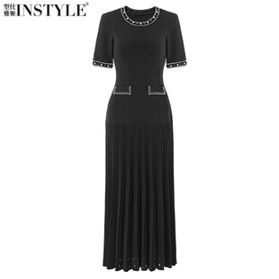 2025春夏新款 提花镂空针织百褶长裙连衣裙 优雅知性钉珍珠圆领短袖