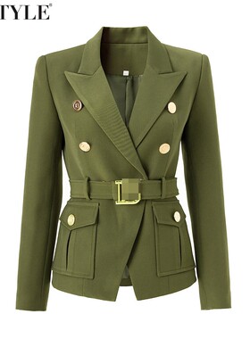 2026春季英伦风双排扣西装女军绿色系带收腰带职场外套OL通勤百搭