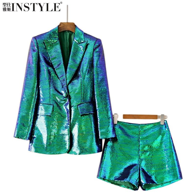 2026墨绿色亮片西装外套短裤两件套时尚BLING BLING晚礼服套装女