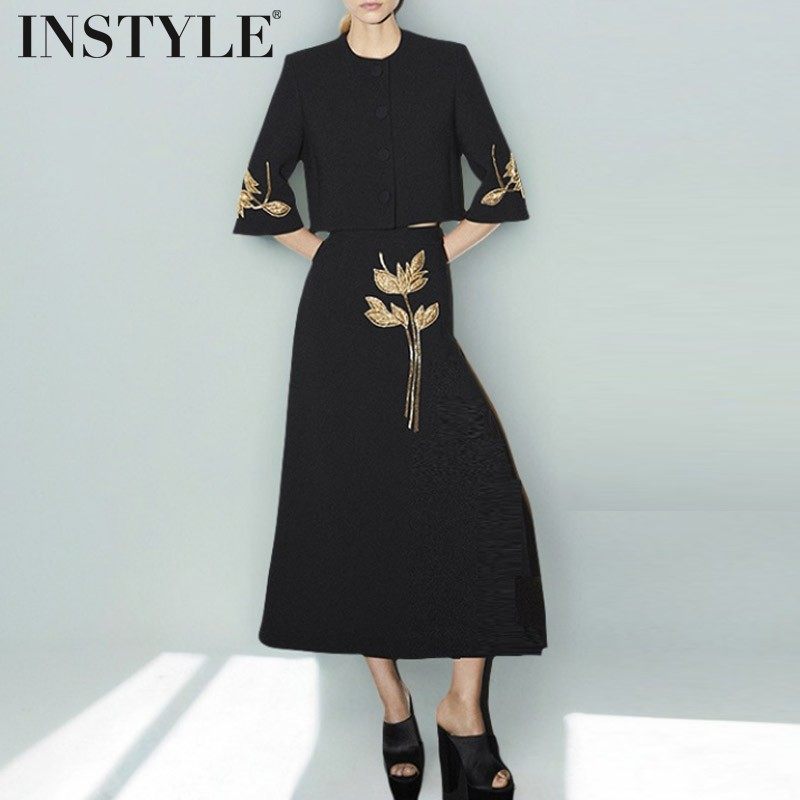 现货2026新款欧美钉珠绣花朵七分袖上衣夹克黑色半身裙长裙两件套