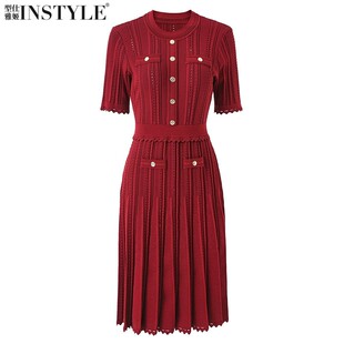 2026春夏新款 收腰镂空针织裙中长连衣裙 高品位名媛温柔风圆领短袖