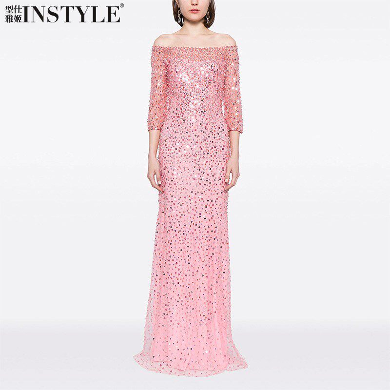 现货欧美明星礼服长裙2026新款一字肩七分袖华丽闪亮片长款连衣裙