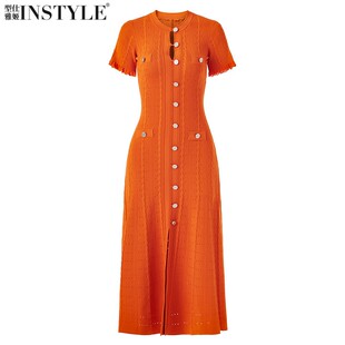 现货2026春夏优雅名媛镂空圆领短袖 显瘦针织长裙连衣裙 单排扣修身