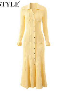 2026春欧美风亮黄色POLO领长袖针织连衣裙女单排扣鱼尾裙气质长裙