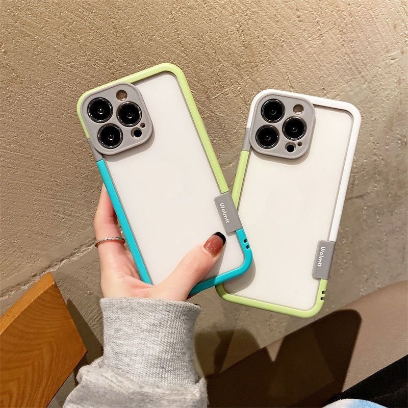 撞色全包镜头适用iphone14promax边框手机壳新款苹果13/15pro透气散热保护套硅胶防摔Plus简约拼接男女高级感