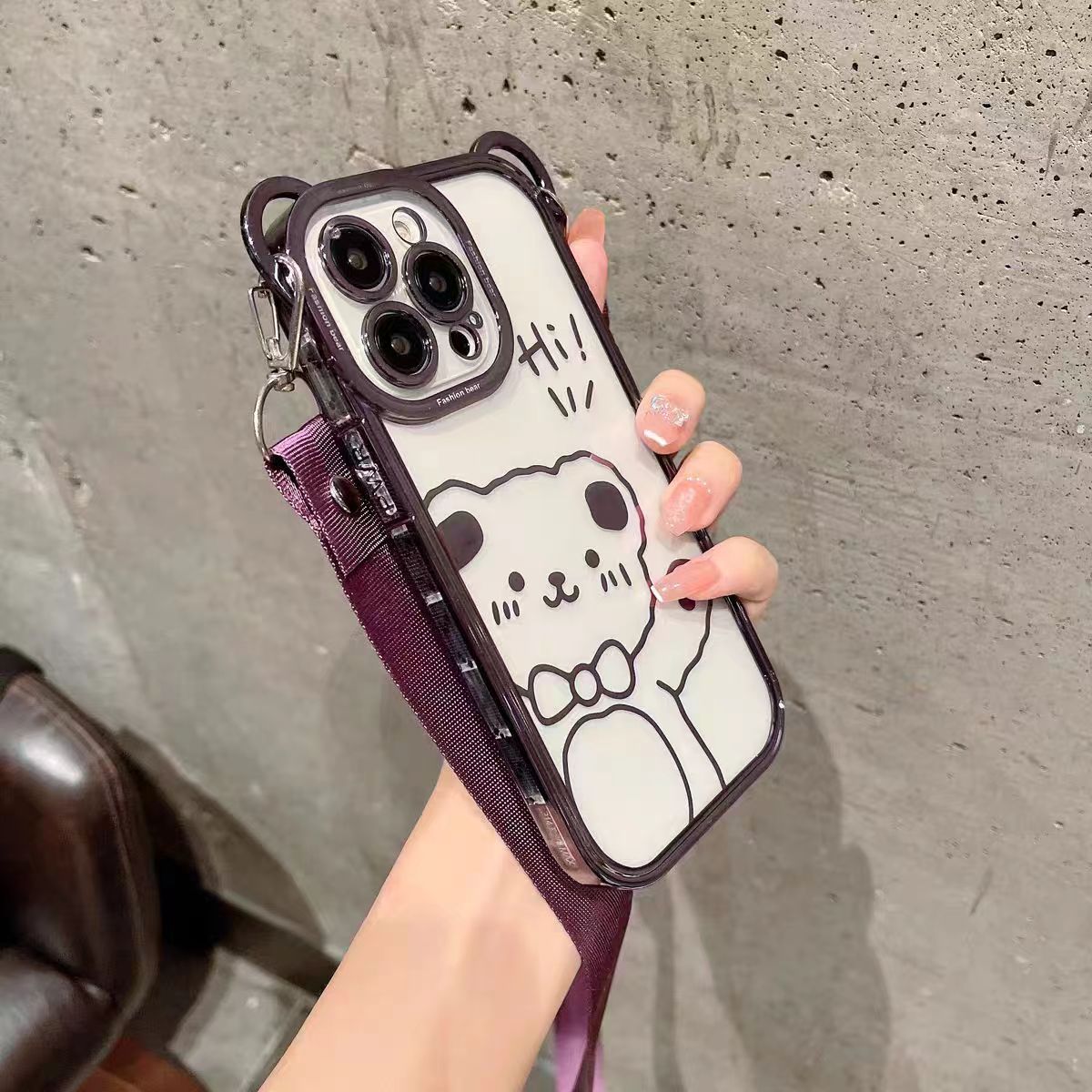 暗紫色卡通电镀小熊适用iPhone15promax苹果13的14手机壳12新款11女斜挎挂脖带挂绳16透明软xs全包8plus防摔