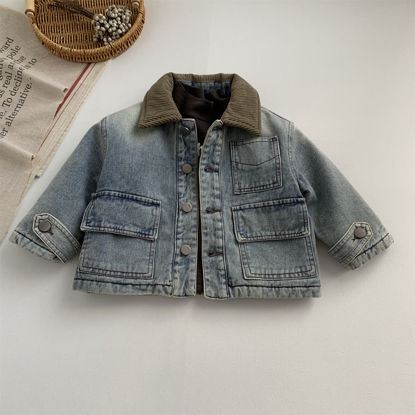 淘气小妞夹棉男童牛仔外套冬季儿童宝宝加厚保暖翻领复古夹克上衣