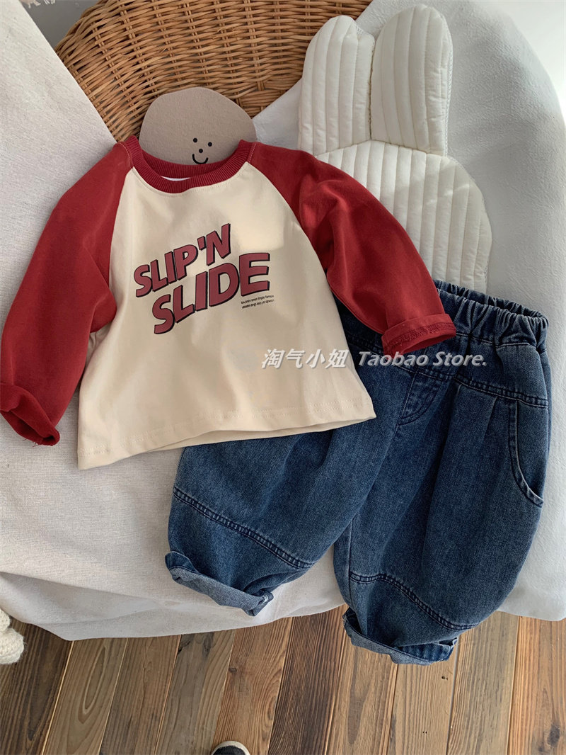 淘气小妞 男女童t恤长袖韩版春秋新款小孩宝宝洋气插肩打底上衣潮