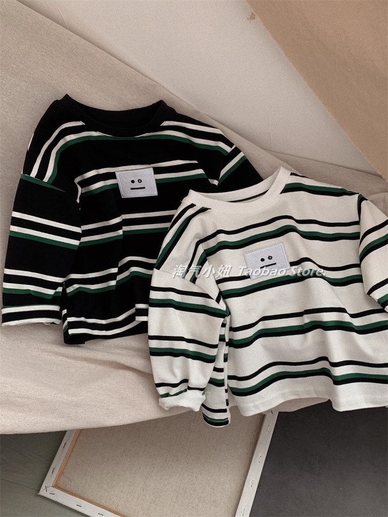 淘气小妞韩版春秋男童女童条纹T恤中性风小孩宝宝长袖打底衫潮帅