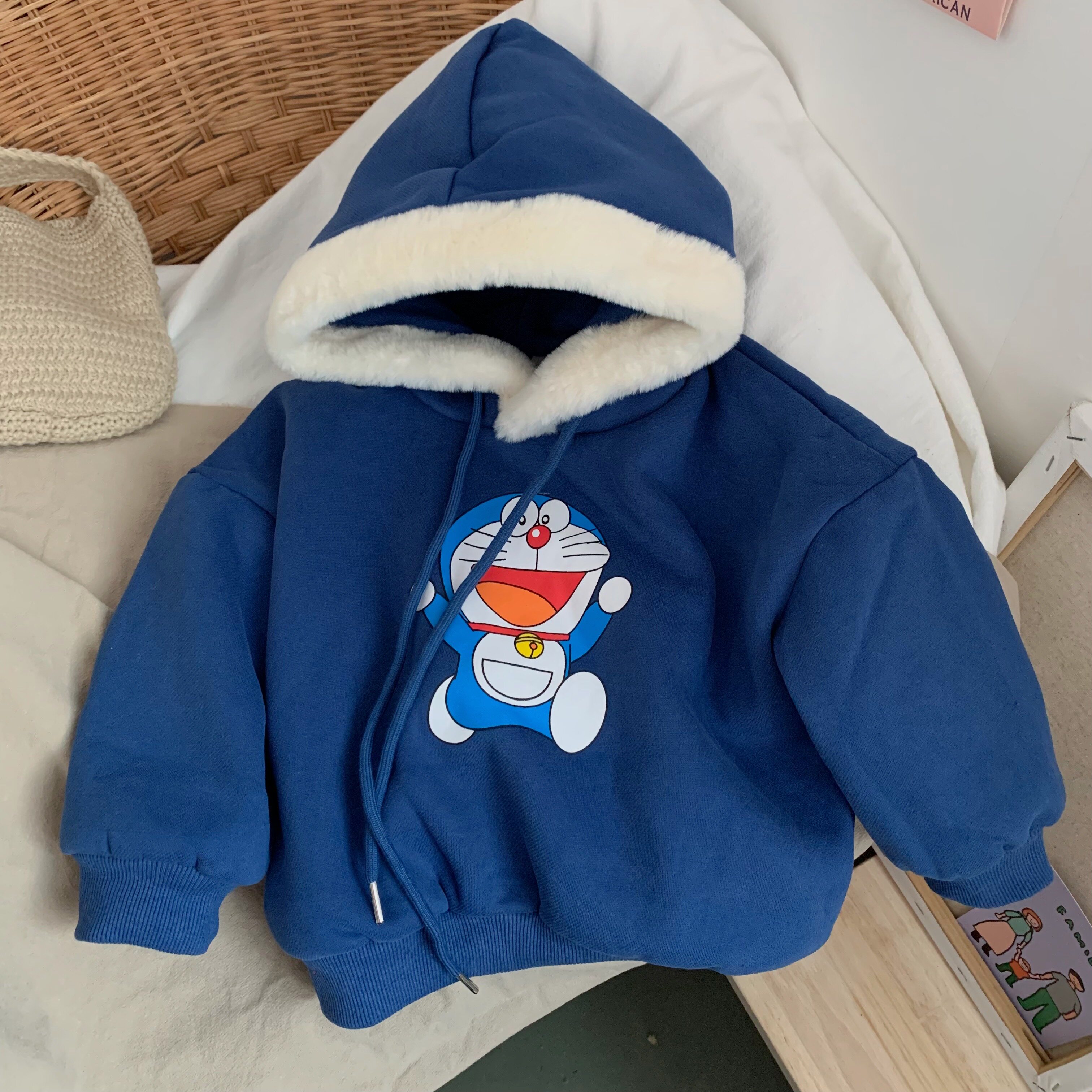 淘气小妞 韩版26冬季男童女童连帽卫衣加绒加厚宝宝上衣外套蓝色