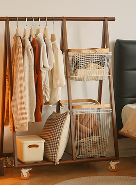 实木落地中古衣帽架多功能脏衣篓家用卧室可移动挂衣架室内晾衣架