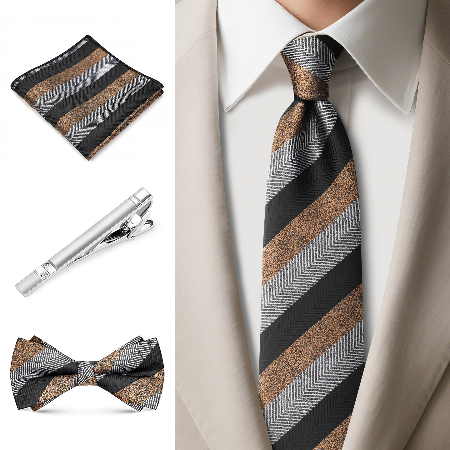 复古条纹领带男手打正装4件套美式领结领夹口袋巾商务高档礼盒装,服饰配件/皮带/帽子/围巾,领带,淘宝优惠券,粉丝福利购,淘宝优惠卷