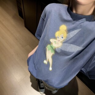 韩国设计师jennie同款联名小精灵短袖女装水洗做旧复古印花T恤女
