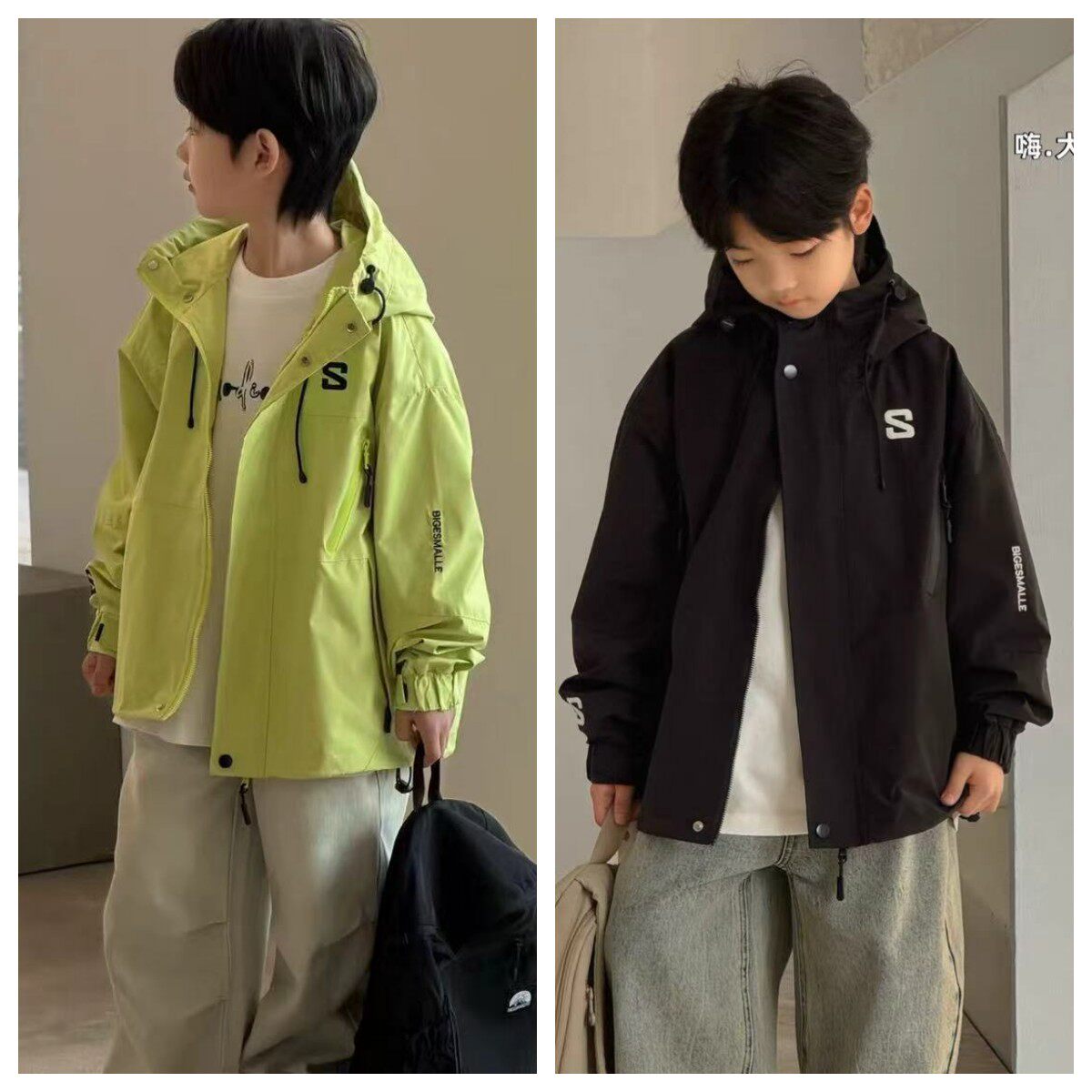 大E小e休闲风连帽防风衣男女通用宽松拉链冲锋衣百搭洋气外套2026