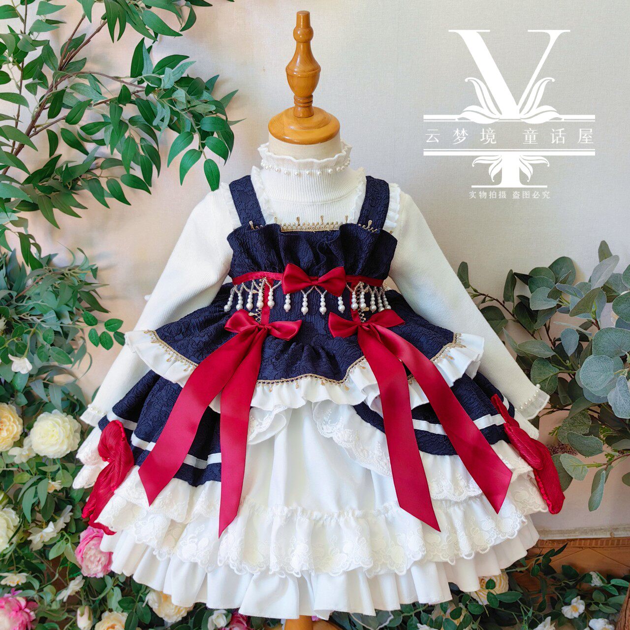 秋冬宫廷吊带洛丽塔连衣裙珍珠蛋糕裙蓬蓬女童蝴蝶结公主裙生日礼