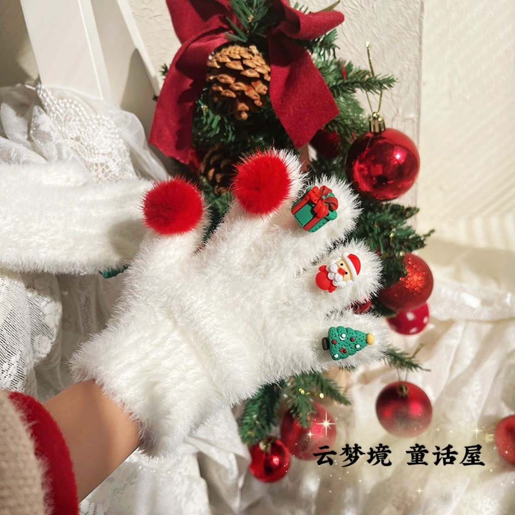 女童圣诞礼物圣诞手套毛绒绒可爱圣诞树装饰品圣诞节冬季保暖手套