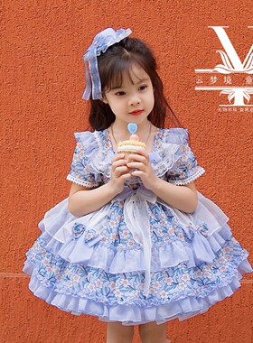 夏季蓝色碎花短袖洛丽塔蓬蓬连衣裙女童公主蓬蓬洋气生日礼服高端