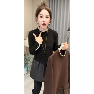 拼皮内搭连衣裙女中长款 花边时尚 打底小黑裙子潮 长袖 2025秋冬新款