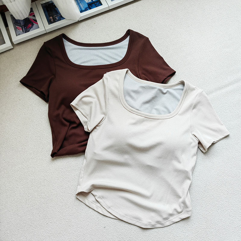 螺纹U领显瘦美背短袖t恤透气运动跑步健身上衣瑜伽服女带胸垫夏季