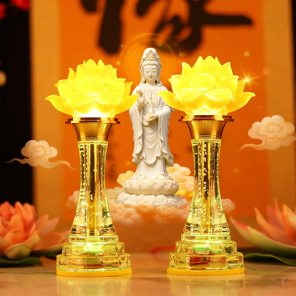 LED七彩水晶玻璃莲花灯家用长明佛供灯仙家仿琉璃佛堂财神灯一对