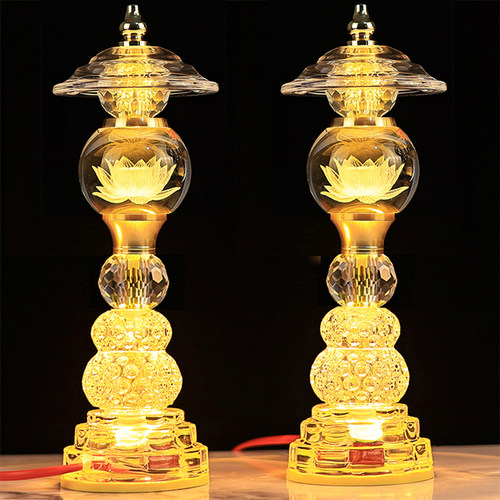 佛供灯led七彩玻璃水晶莲花灯家用神台关公佛灯观音荷花灯电仙家