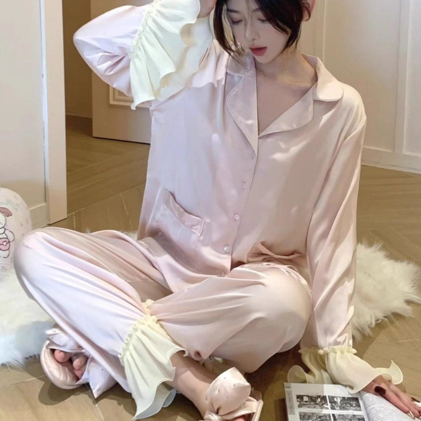 真丝睡衣女春秋季长袖长裤套装桑蚕丝甜美花边可外穿家居服礼盒装
