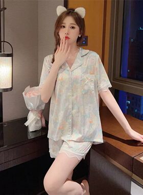 真丝睡衣女款夏季短袖短裤家居服