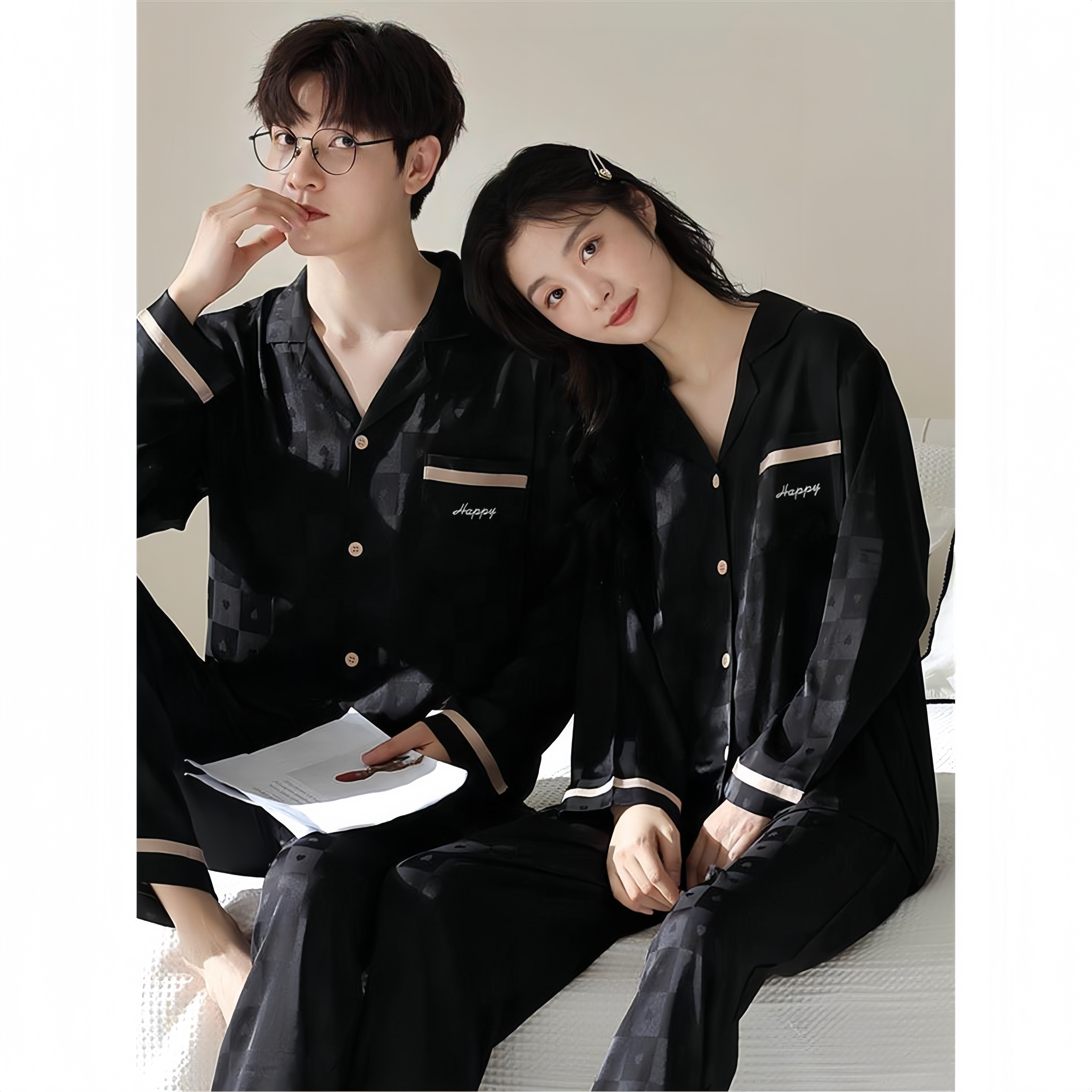 真丝睡衣情侣春秋季长袖长裤套装桑蚕丝简约高档男女款丝绸家居服