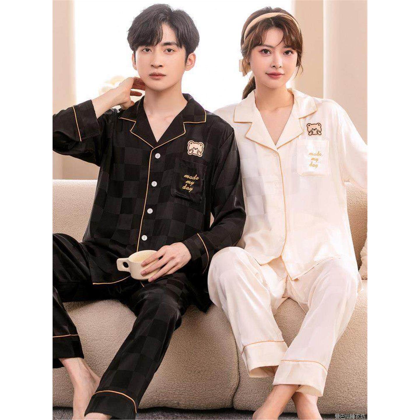 真丝情侣睡衣春秋季薄款长袖长裤套装桑蚕丝高级感可爱丝绸家居服