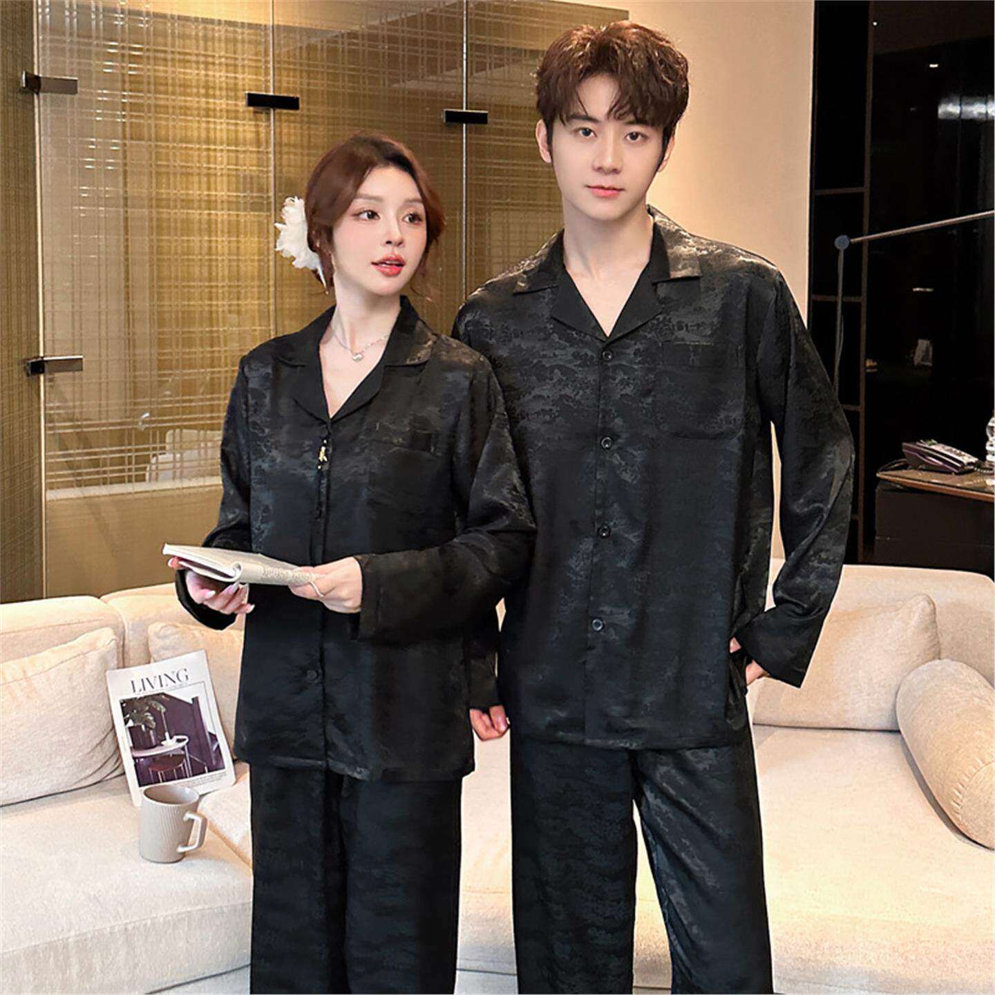 古风真丝睡衣情侣春秋季长袖长裤套装桑蚕丝提花高级感薄款家居服