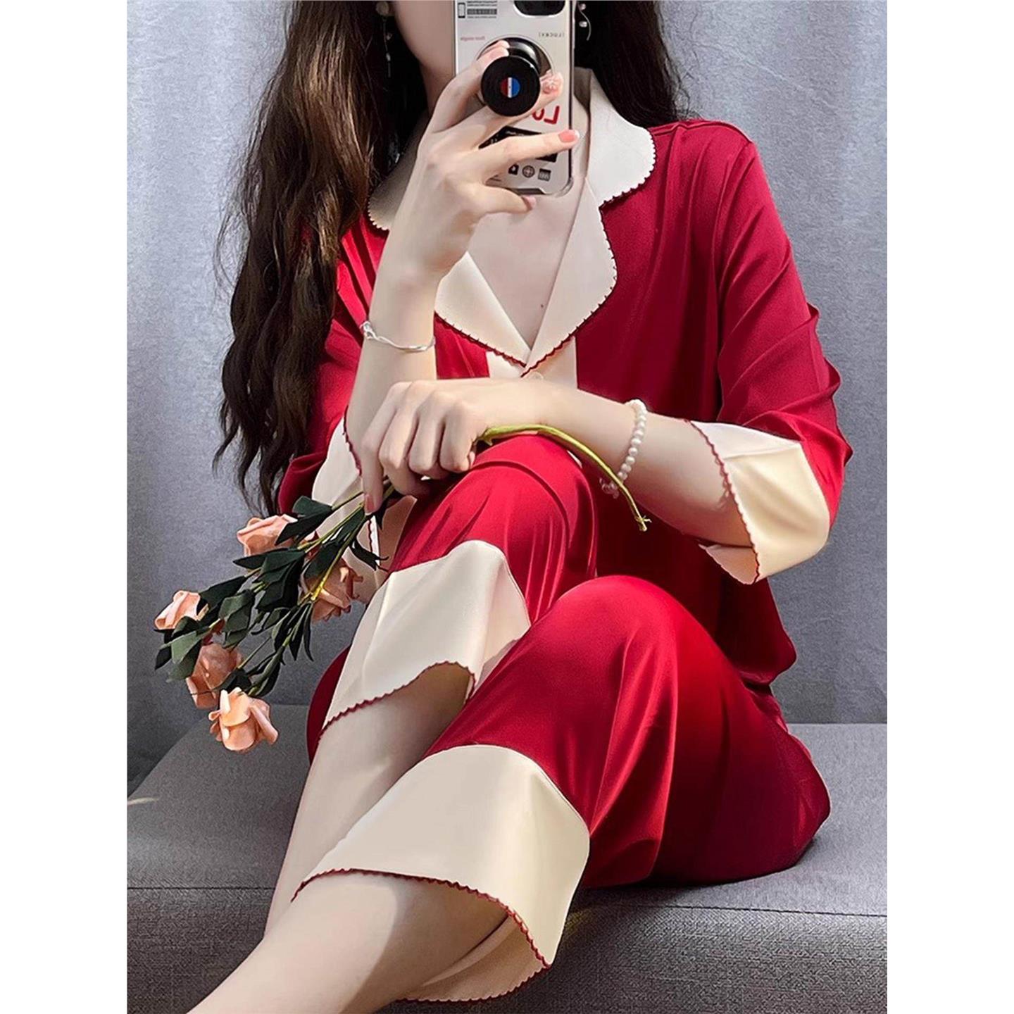 新中式真丝睡衣女士春秋季长袖长裤桑蚕丝可外穿高级轻奢风家居服