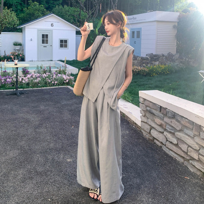 实拍灰色御姐背心套装女